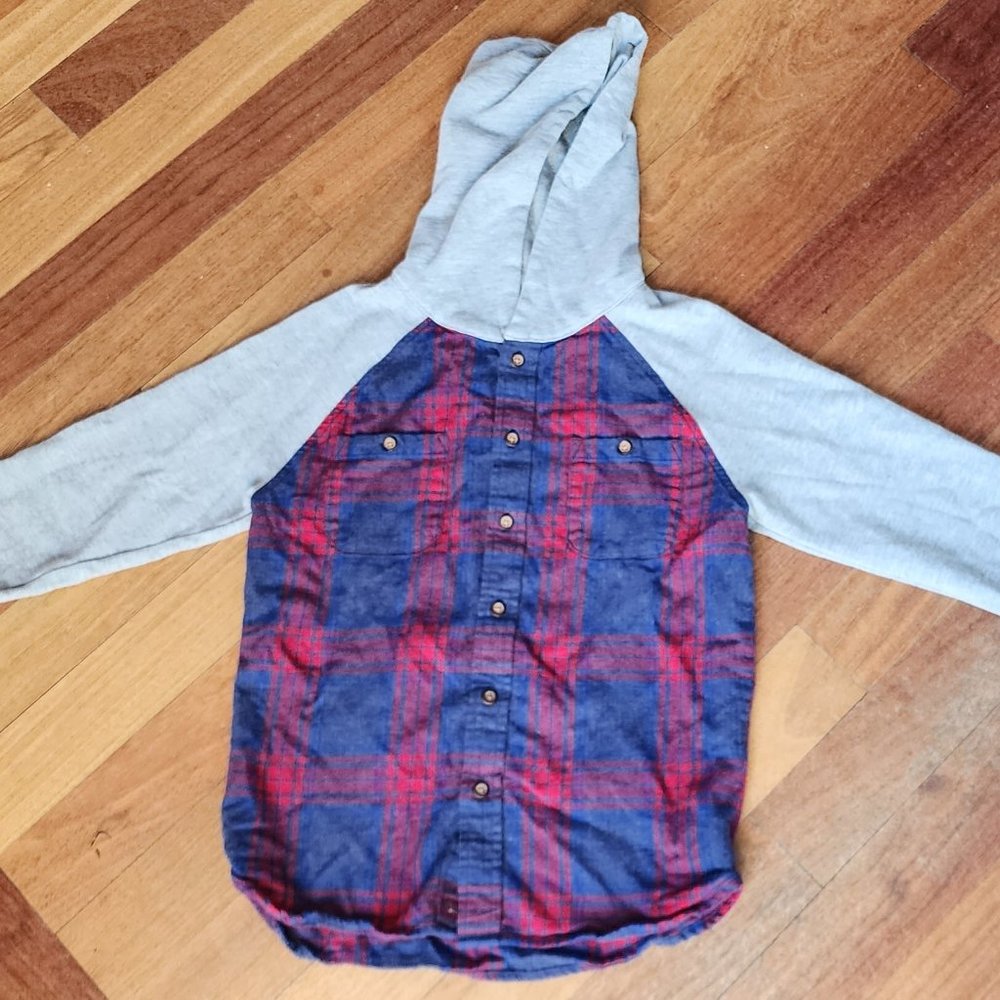 Cat & Jack Plaid Hooded Button Down Sweatshirt Size Medium (8/10)